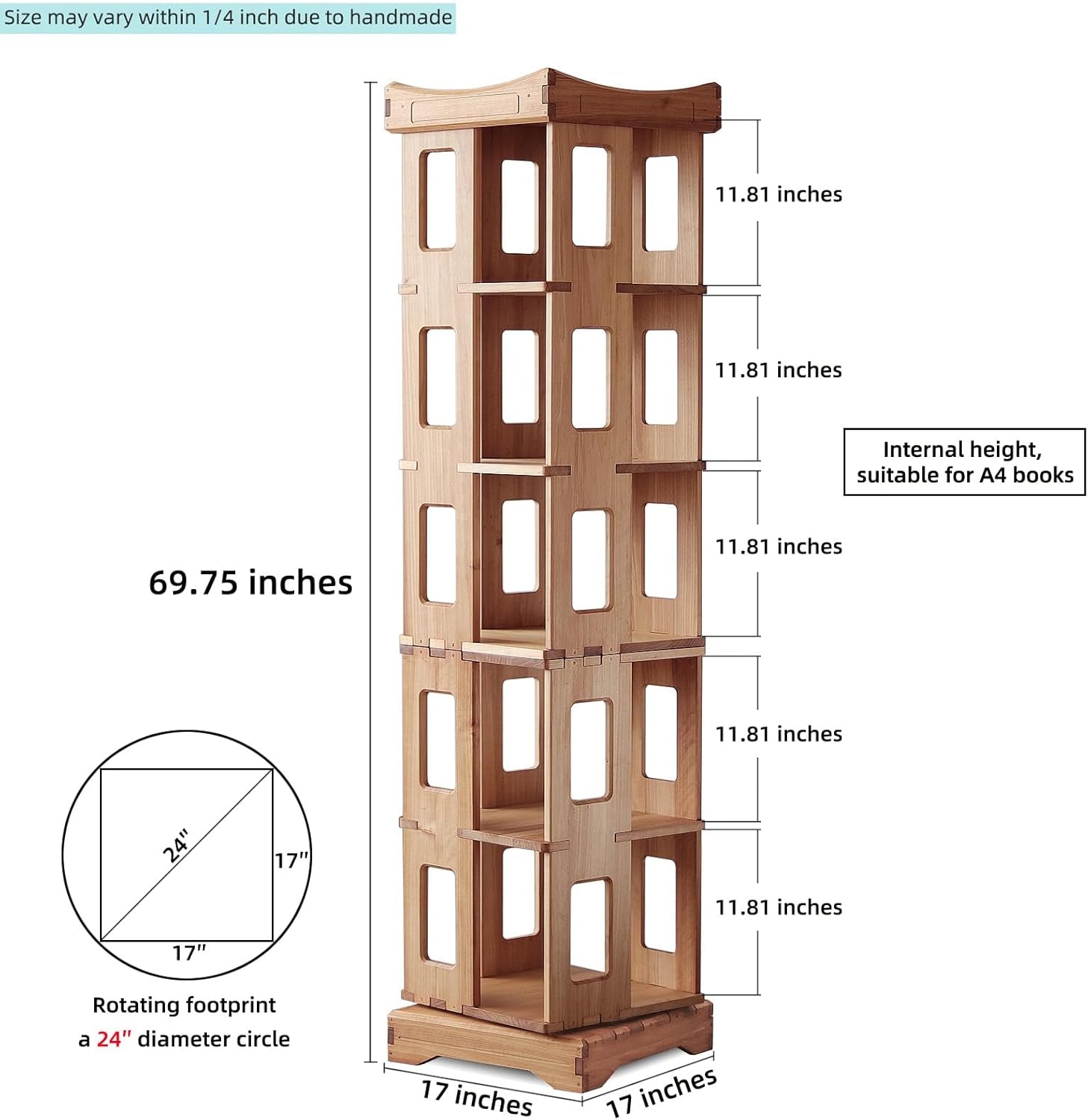 17-Tier 360° Rotating Corner Bookshelf shown at an angle, highlighting the 360° rotating tiers and corner-fit shape