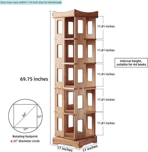 17-Tier 360° Rotating Corner Bookshelf shown at an angle, highlighting the 360° rotating tiers and corner-fit shape