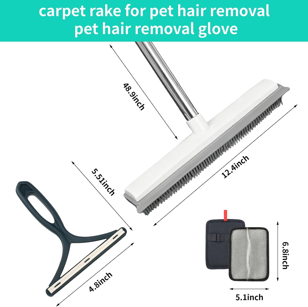 4-Piece Pet Hair Rubber Broom Kit – Carpet Rake with Gloves & Scraper