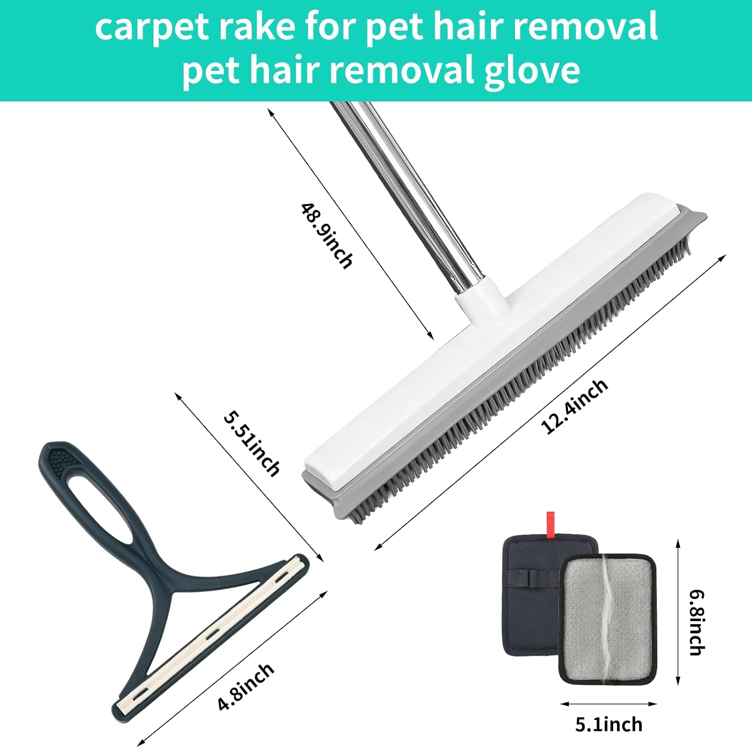 4-Piece Pet Hair Rubber Broom Kit – Carpet Rake with Gloves & Scraper