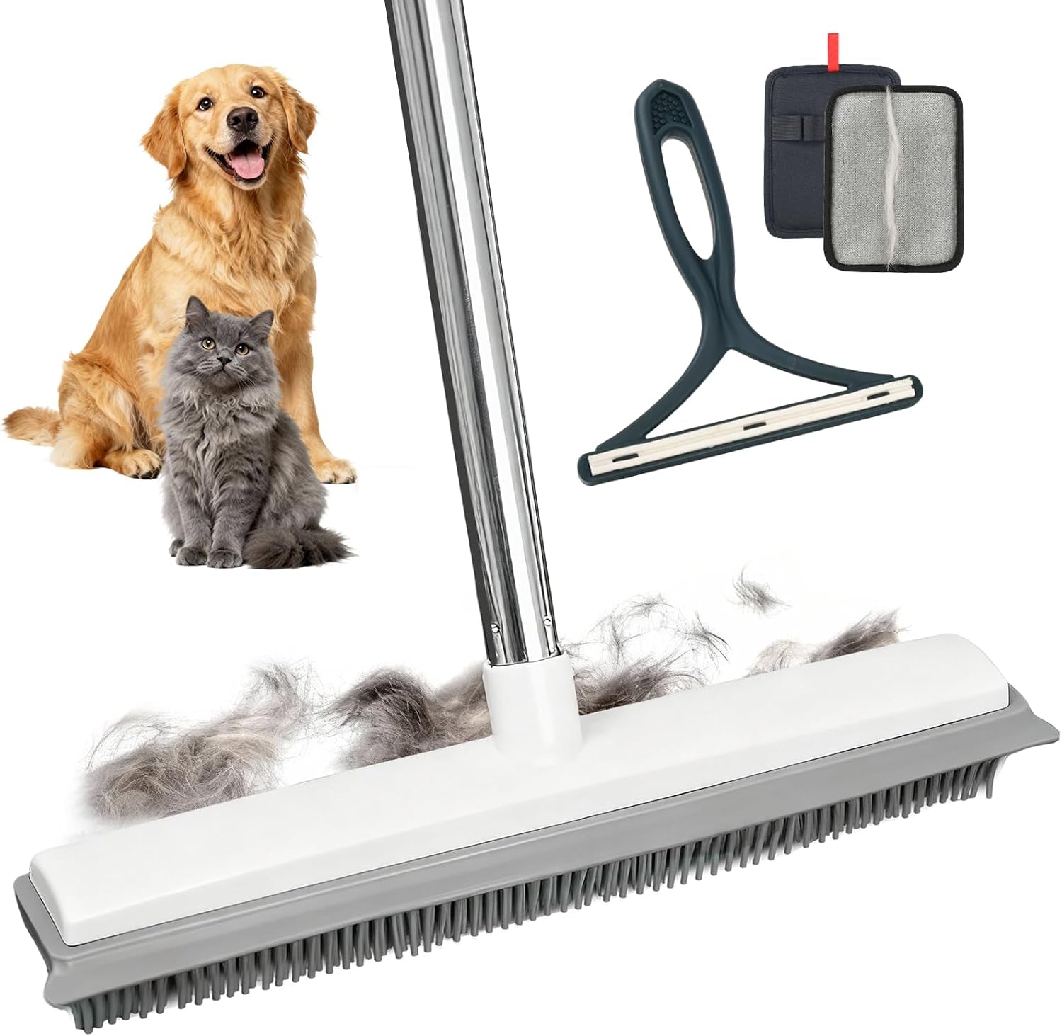 4-Piece Pet Hair Rubber Broom Kit – Carpet Rake with Gloves & Scraper