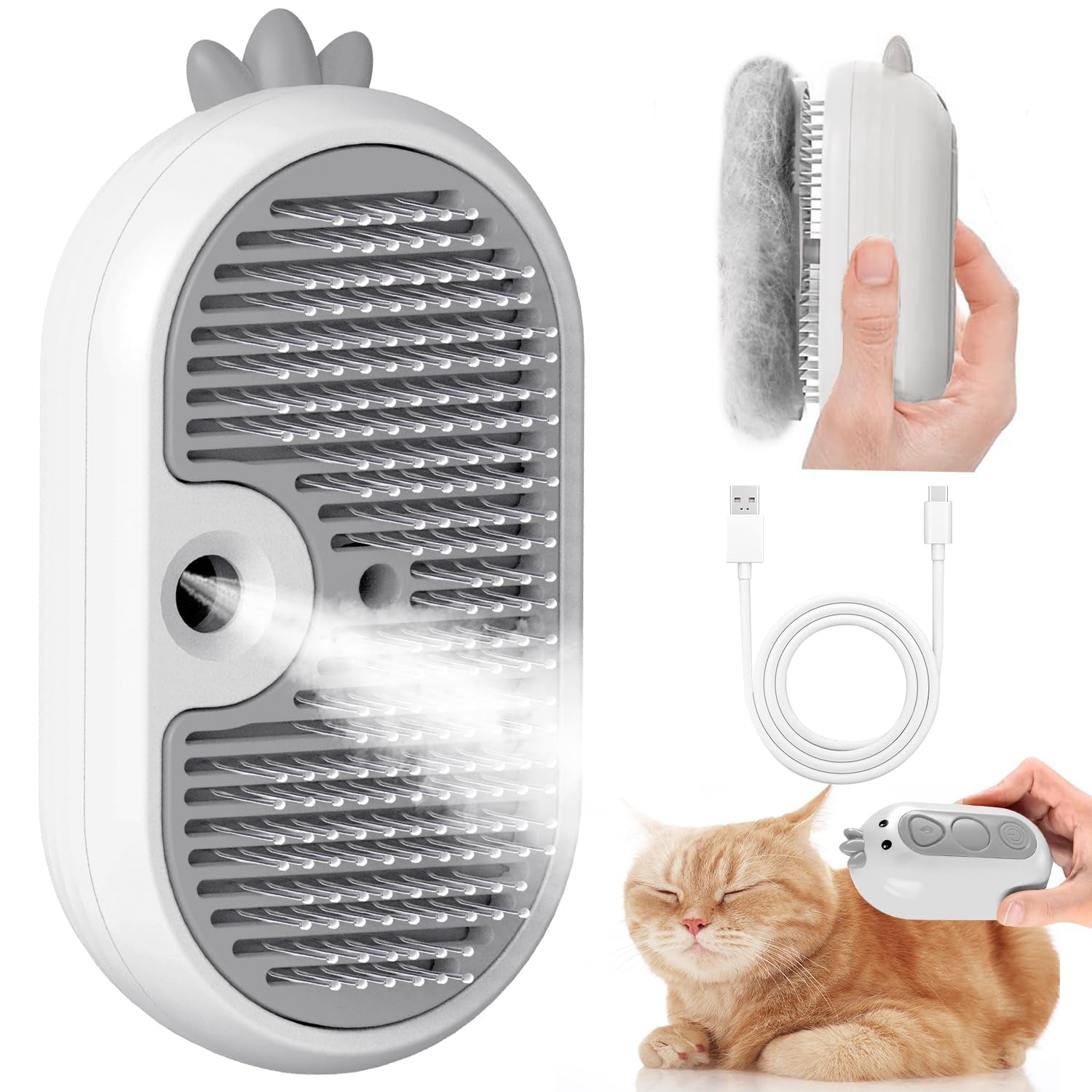 3-In-1 Pet Electric Steam Brush – Mist Deshedding & Grooming Comb