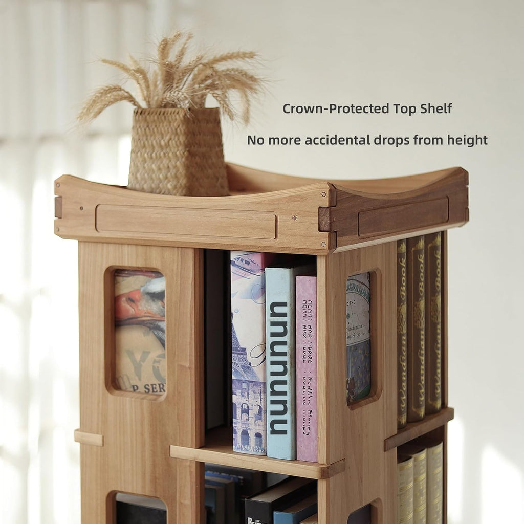 Close-up of the bookshelf's rotating base mechanism