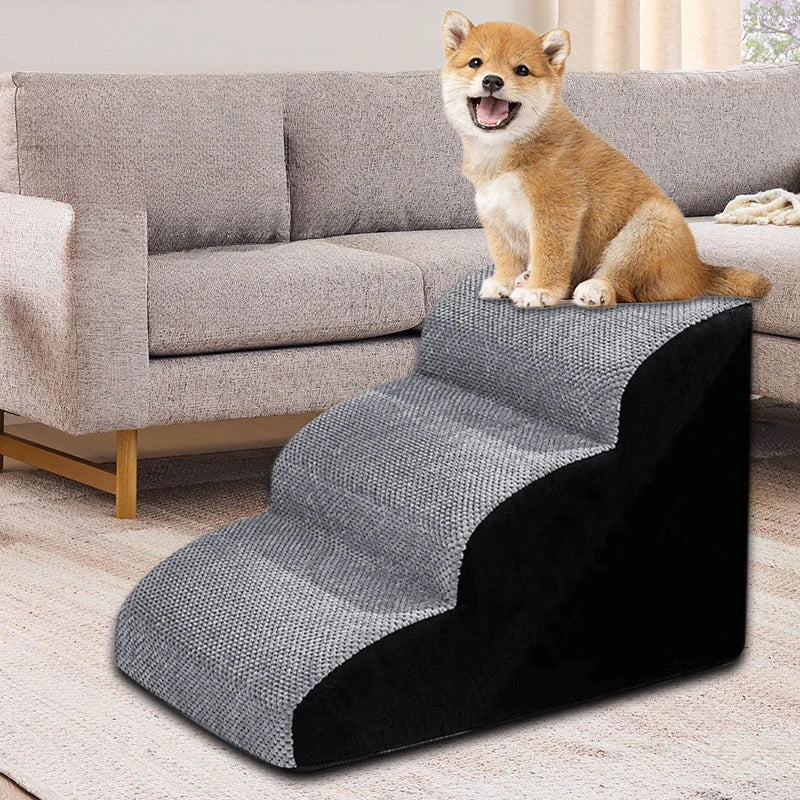 Senior dog using pet ramp to get on bed