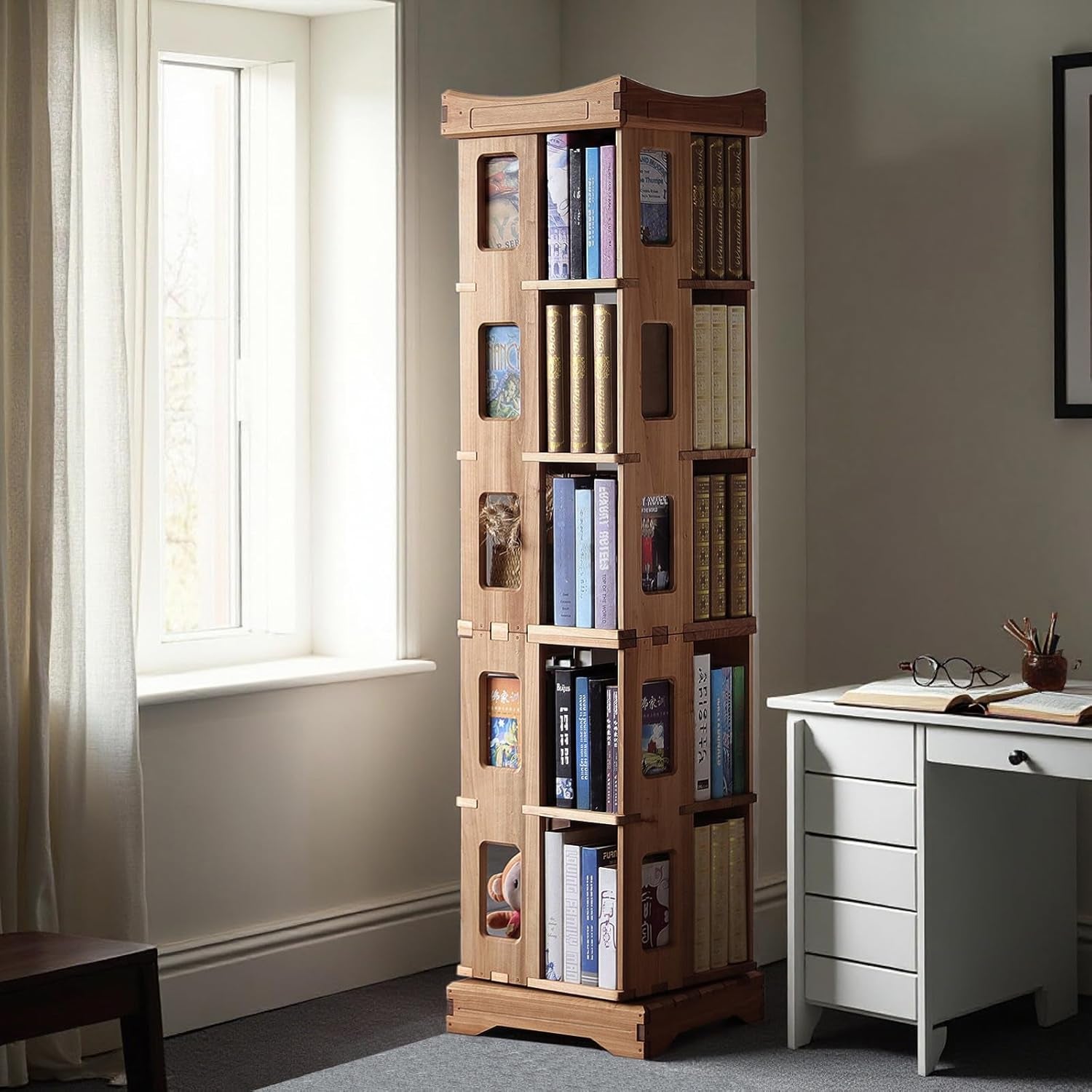 Available color and finish options for the rotating bookshelf, including Brown and Log/Unfinished