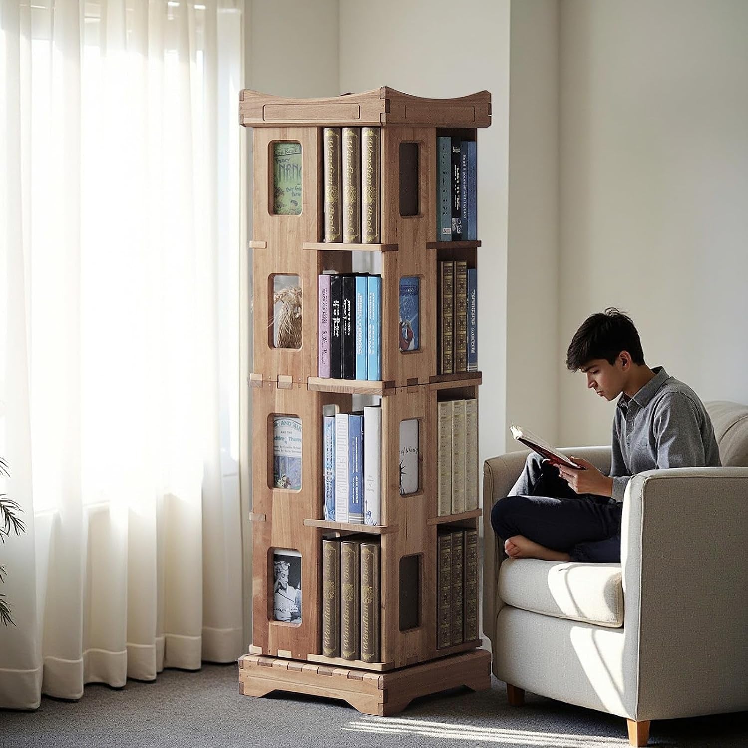 Rotating corner bookshelf styled in a bedroom or home office setting