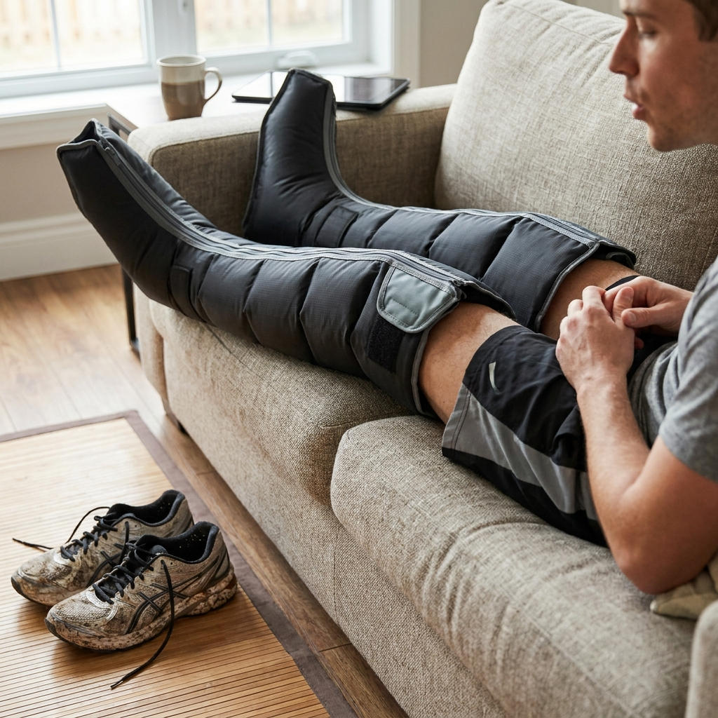 Restore Pro Compression Recovery Boots in use, legs inflated on couch after a run