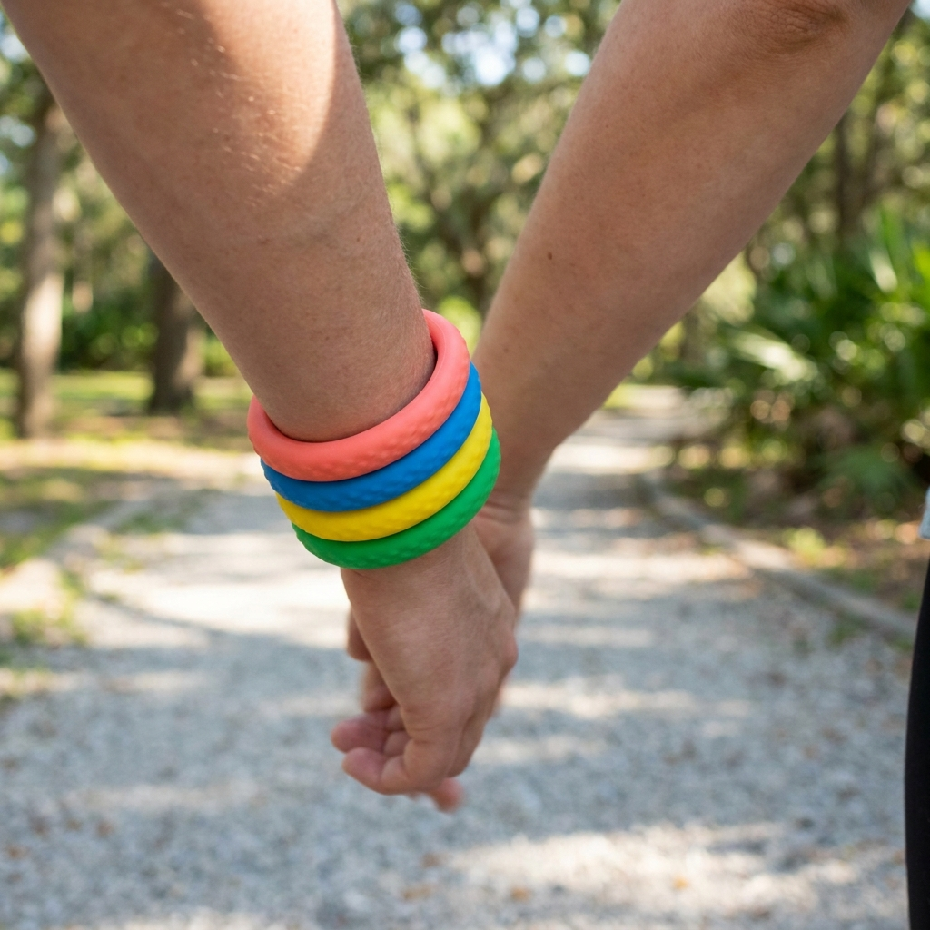 Flow Weighted Bangle Set in use, worn on wrist during outdoor walk