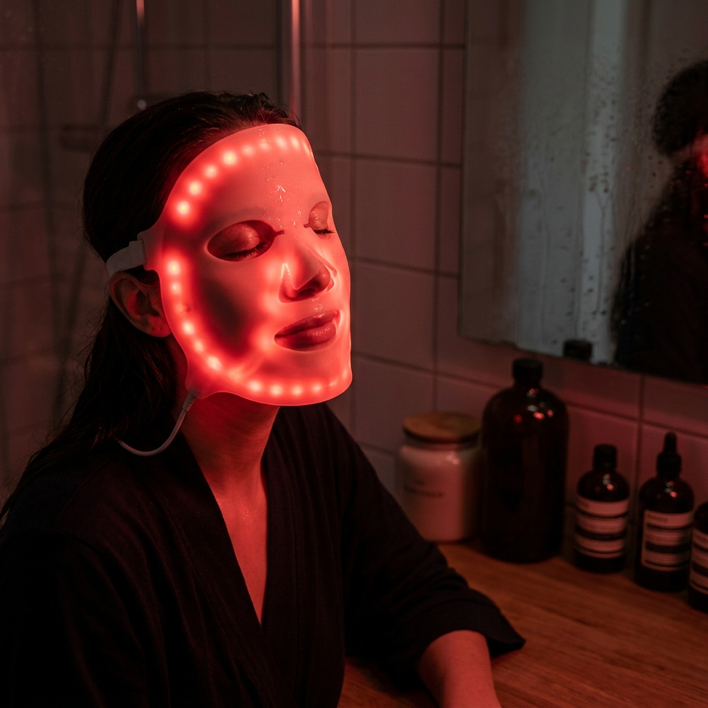Lumina LED Red Light Therapy Mask in use, glowing mask worn during evening skincare routine