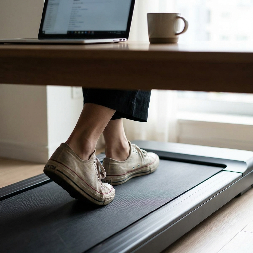 Glide Foldable Under-Desk Treadmill in use, feet walking under a home-office desk