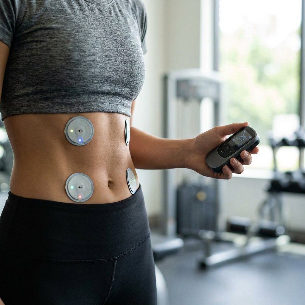Voltra EMS Muscle Stimulator in use, pads attached to toned abdomen