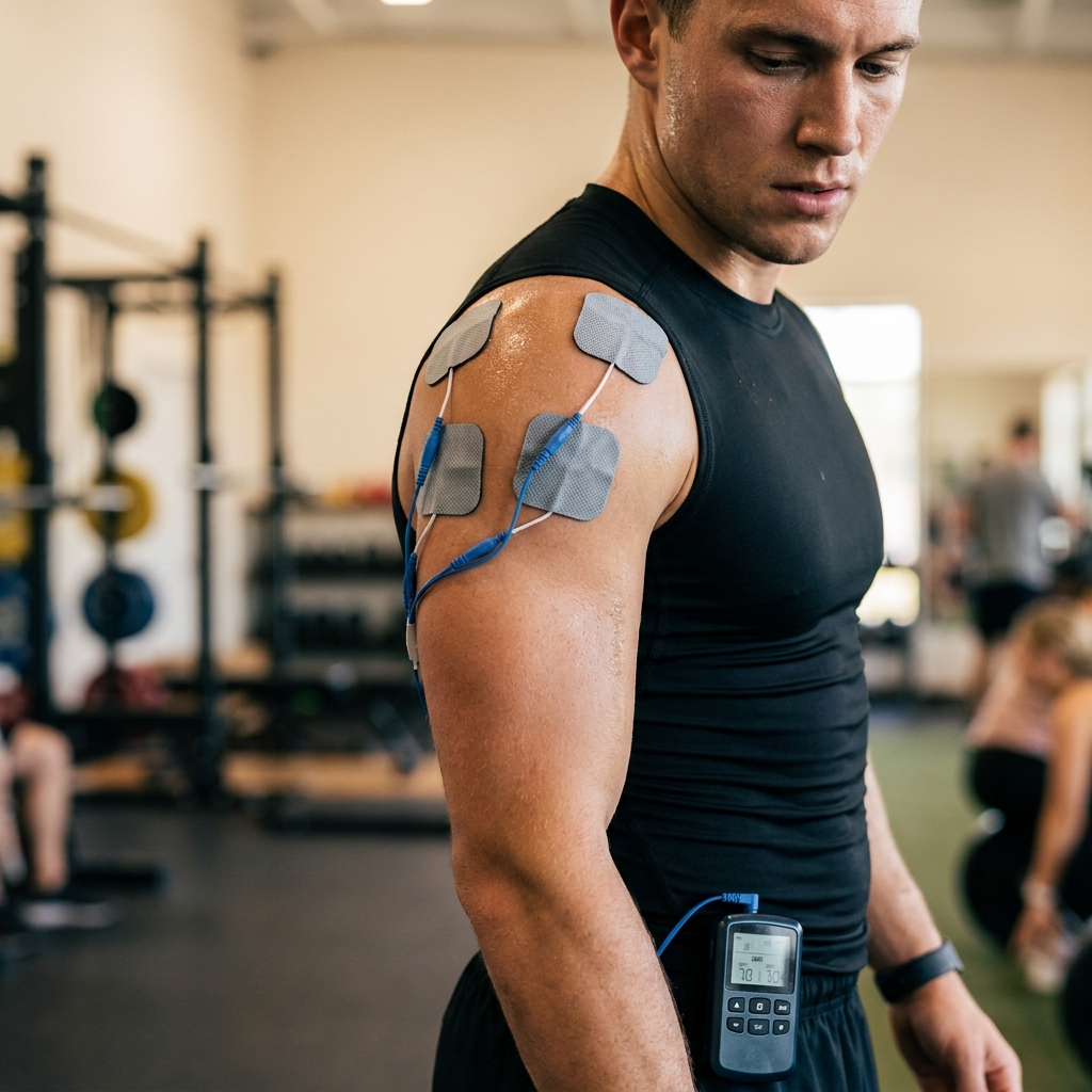 MedGrade Clinical TENS/EMS Pro in use, pads applied to athlete's shoulder