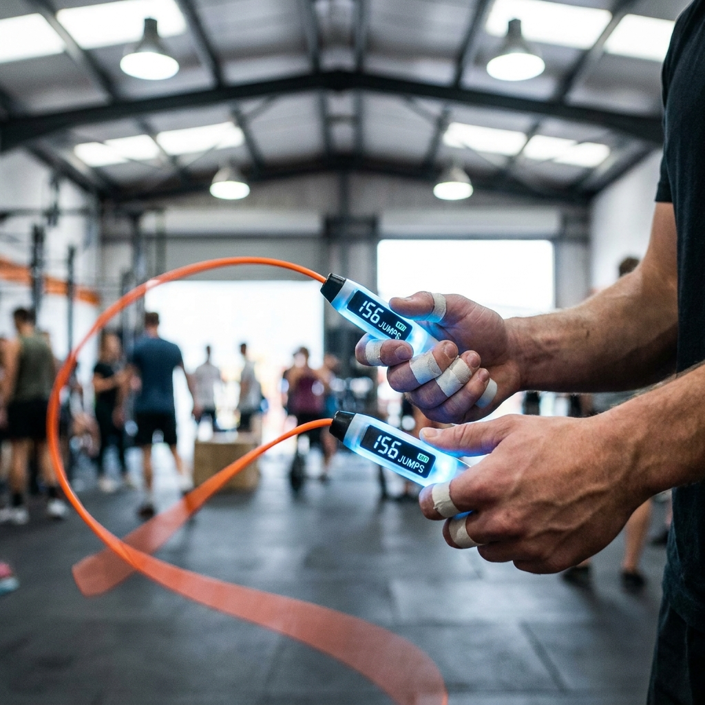 Pulse Smart Counting Jump Rope in use, hands gripping LED handles mid-jump