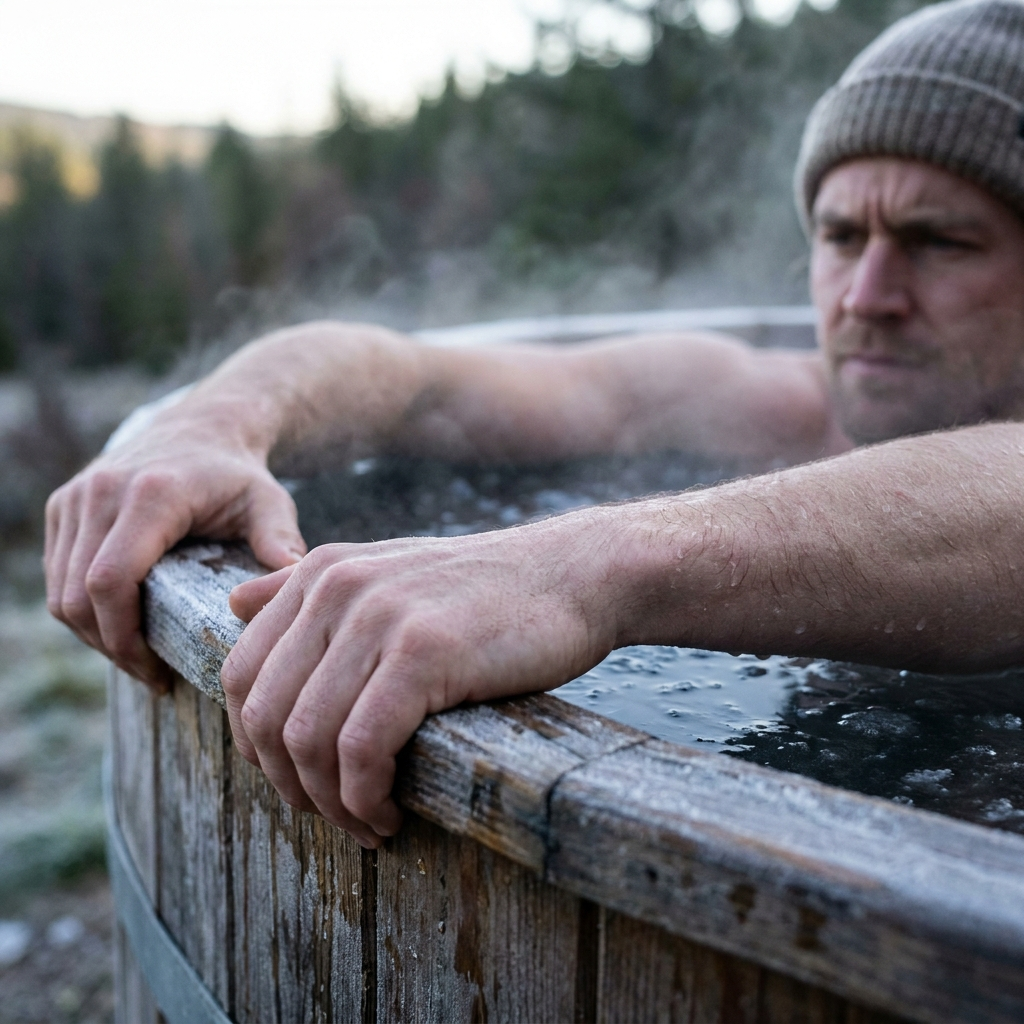 Glacier Insulated Cold Plunge Barrel in use, person gripping edge with steam rising