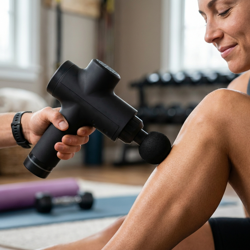 Hushpoint Quiet Percussion Massage Gun in use, head pressed into calf muscle