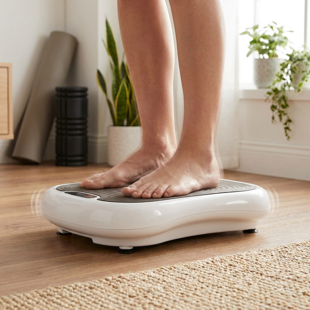 Momentum Curved Vibration Plate in use, bare feet standing on the plate