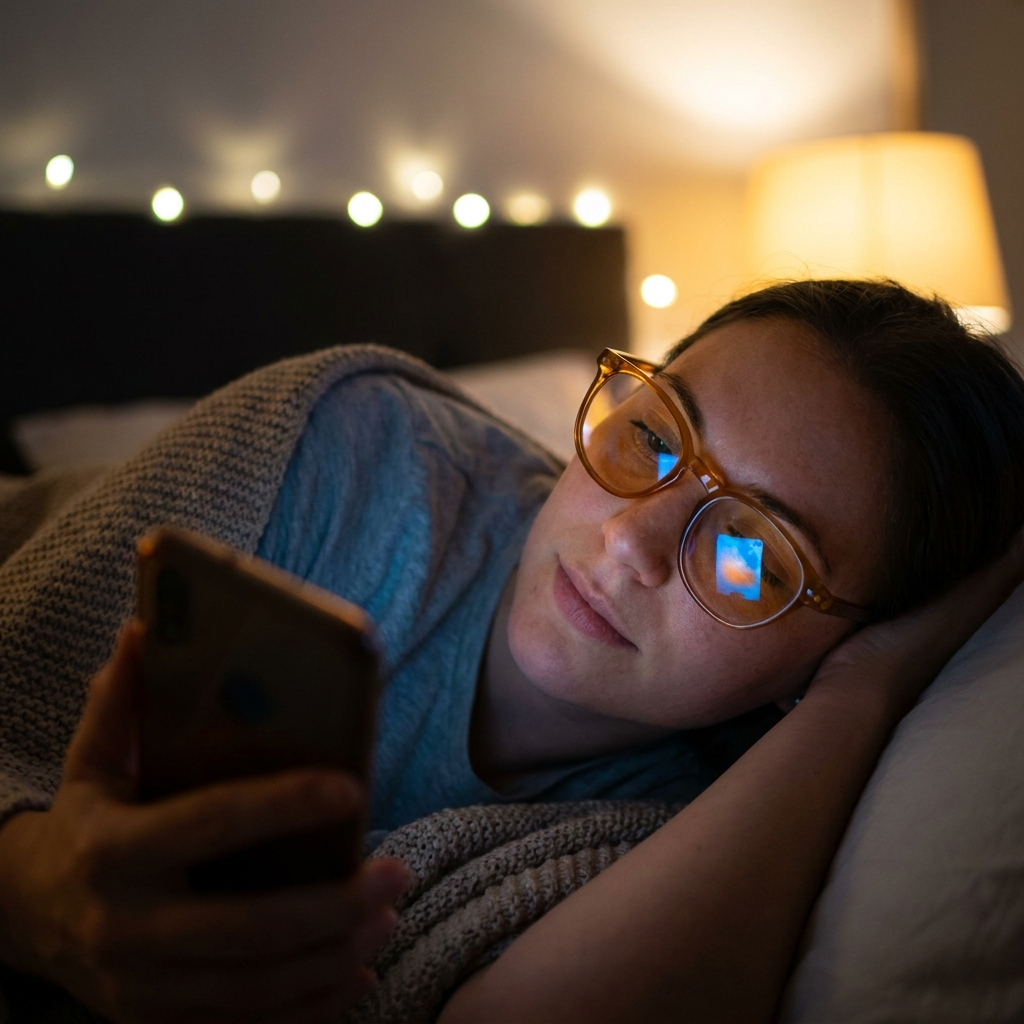 Dusk Circadian Blue-Light Glasses in use, worn at night with phone glow reflected
